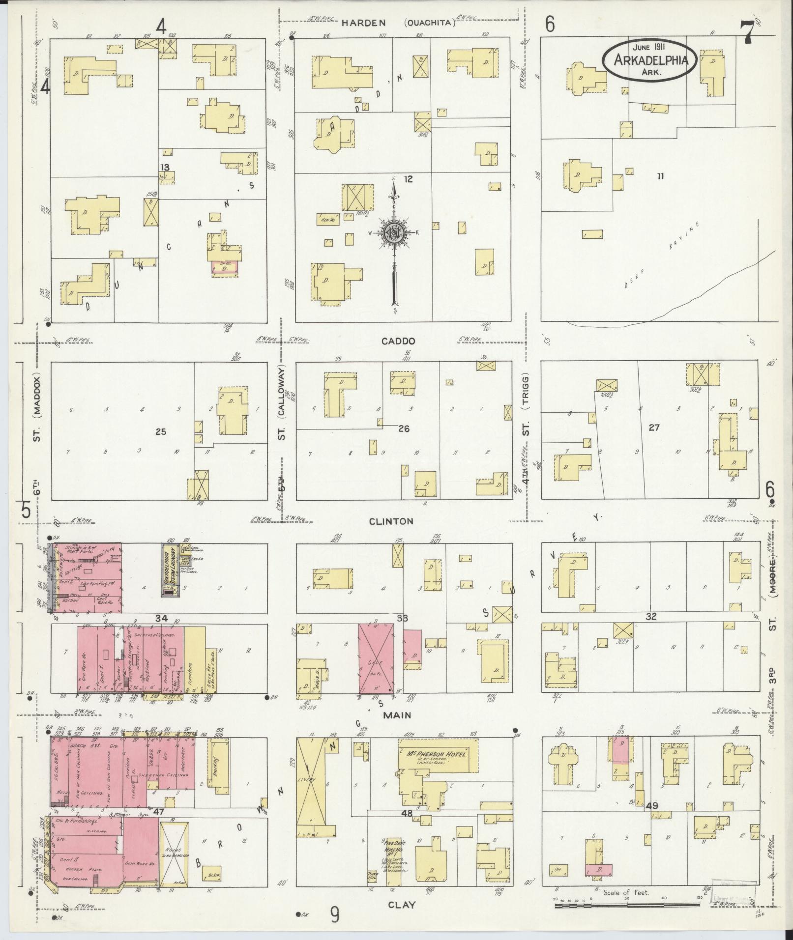 Sanborn Fire Insurance Map from Arkadelphia, Clark County, Arkansas (1911), Sheet #0007 - Historic Sanborn Fire Insurance Map Print, vintage old map wall art, antique decor, genealogy gift, Arkansas Arkansas map