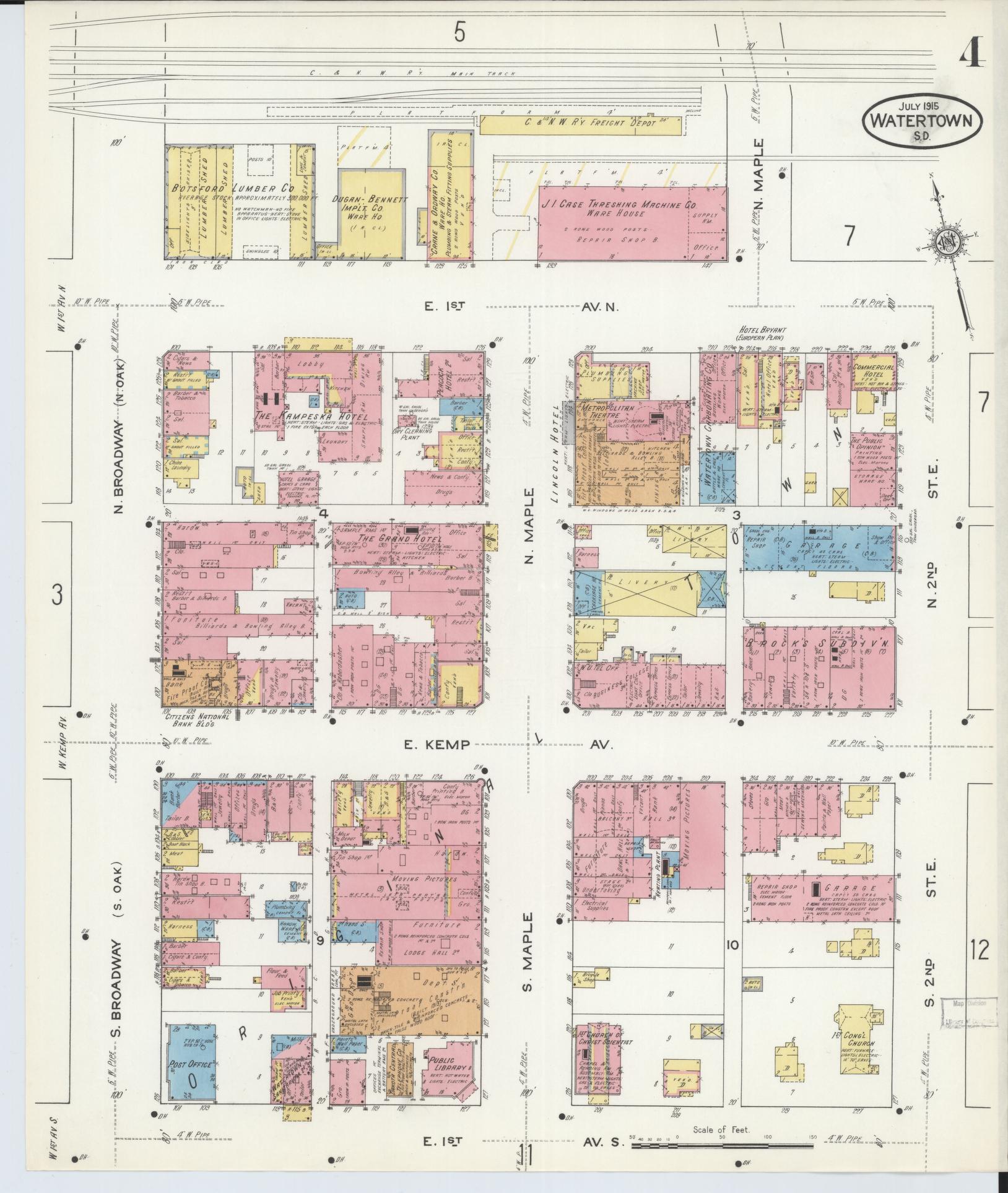 Sanborn Fire Insurance Map from Watertown, Codington County, South Dakota (1915), Sheet #0004 - Complete Map Set gallery image, historic Sanborn map, vintage wall art, South Dakota South Dakota