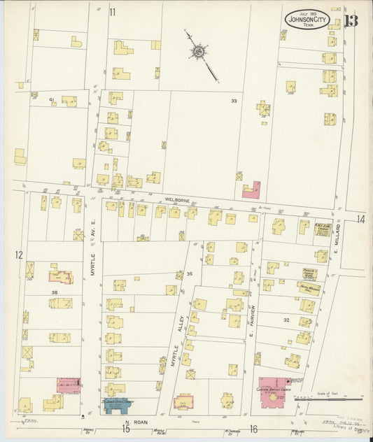 Sanborn Fire Insurance Map from Johnson City, Washington County, Tennessee (1913), Sheet #0013 - Historic Sanborn Fire Insurance Map Print, vintage old map wall art, antique decor, genealogy gift, Tennessee Tennessee map