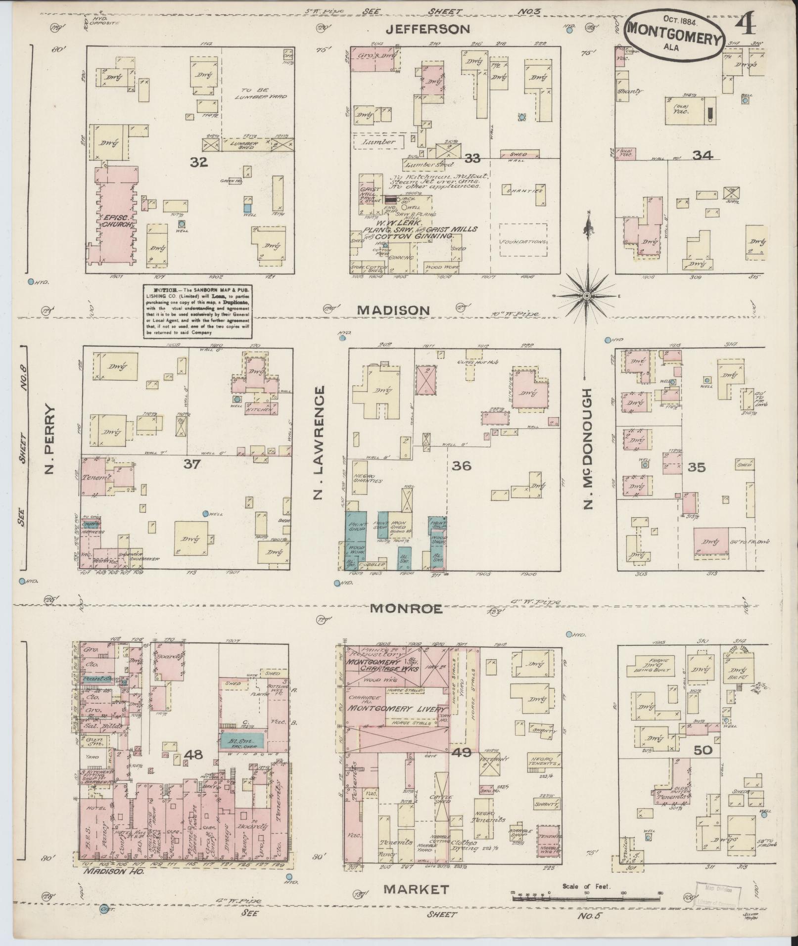 Sanborn Fire Insurance Map from Montgomery, Montgomery County, Alabama (1884), Sheet #0004 - Complete Map Set gallery image, historic Sanborn map, vintage wall art, Alabama Alabama