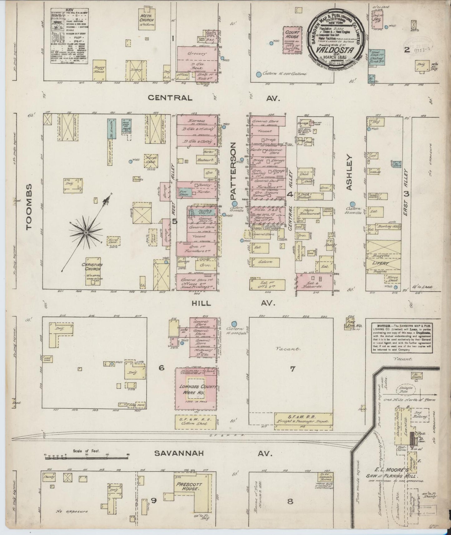 Sanborn Fire Insurance Map from Valdosta, Lowndes County, Georgia (1885), Sheet #0001 - Historic Sanborn Fire Insurance Map Print, vintage old map wall art, antique decor, genealogy gift, Georgia Georgia map