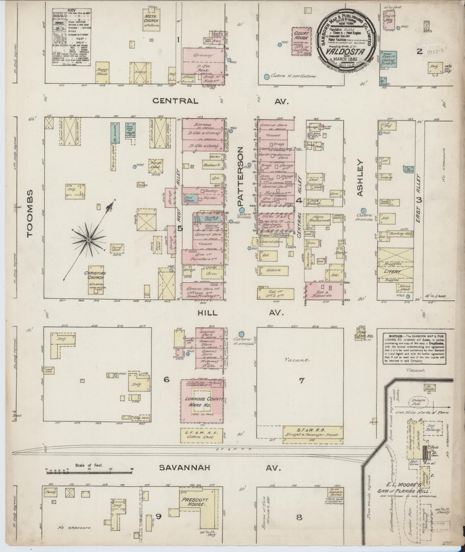 Sanborn Fire Insurance Map from Valdosta, Lowndes County, Georgia (1885), Sheet #0001 - Historic Sanborn Fire Insurance Map Print, vintage old map wall art, antique decor, genealogy gift, Georgia Georgia map