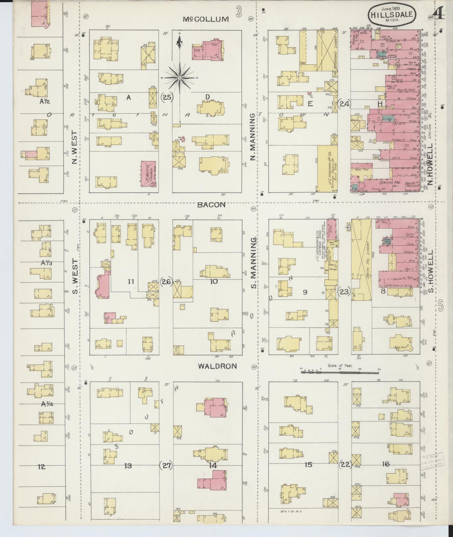 Sanborn Fire Insurance Map from Hillsdale, Hillsdale County, Michigan (1893), Sheet #0004 - Complete Map Set gallery image, historic Sanborn map, vintage wall art, Michigan Michigan