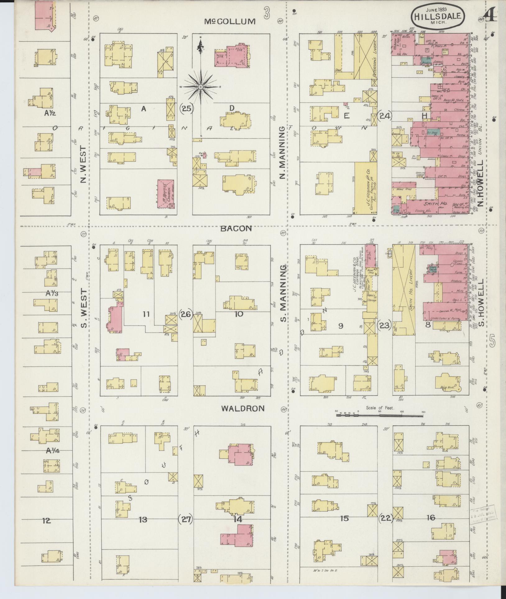 Sanborn Fire Insurance Map from Hillsdale, Hillsdale County, Michigan (1893), Sheet #0004 - Complete Map Set gallery image, historic Sanborn map, vintage wall art, Michigan Michigan
