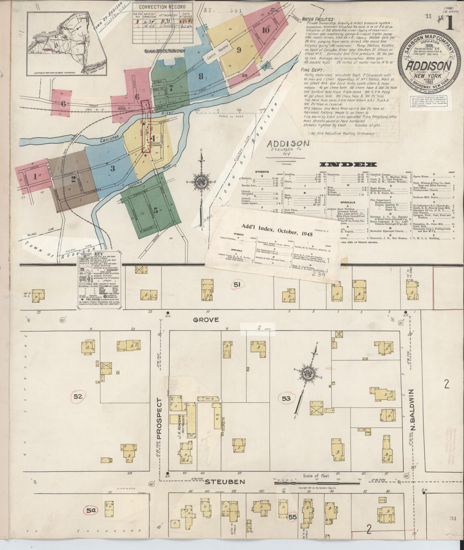 Sanborn Fire Insurance Map from Addison, Steuben County, New York (1945), Sheet #0001 - Historic Sanborn Fire Insurance Map Print, vintage old map wall art, antique decor, genealogy gift, New York New York map