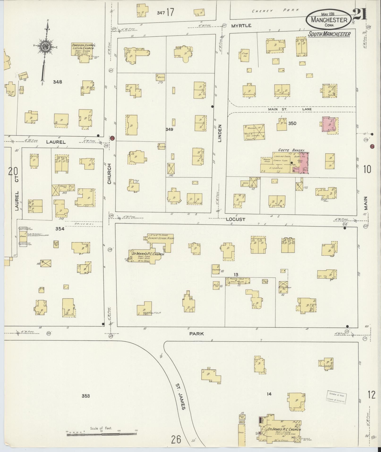 Sanborn Fire Insurance Map from Manchester, Hartford County, Connecticut (1911), Sheet #0021 - Historic Sanborn Fire Insurance Map Print, vintage old map wall art, antique decor, genealogy gift, Connecticut Connecticut map