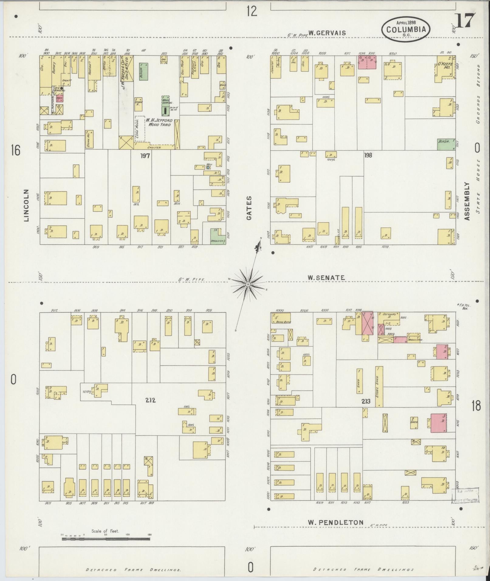 Sanborn Fire Insurance Map from Columbia, Richland County, South Carolina (1898), Sheet #0017 - Historic Sanborn Fire Insurance Map Print, vintage old map wall art, antique decor, genealogy gift, South Carolina South Carolina map