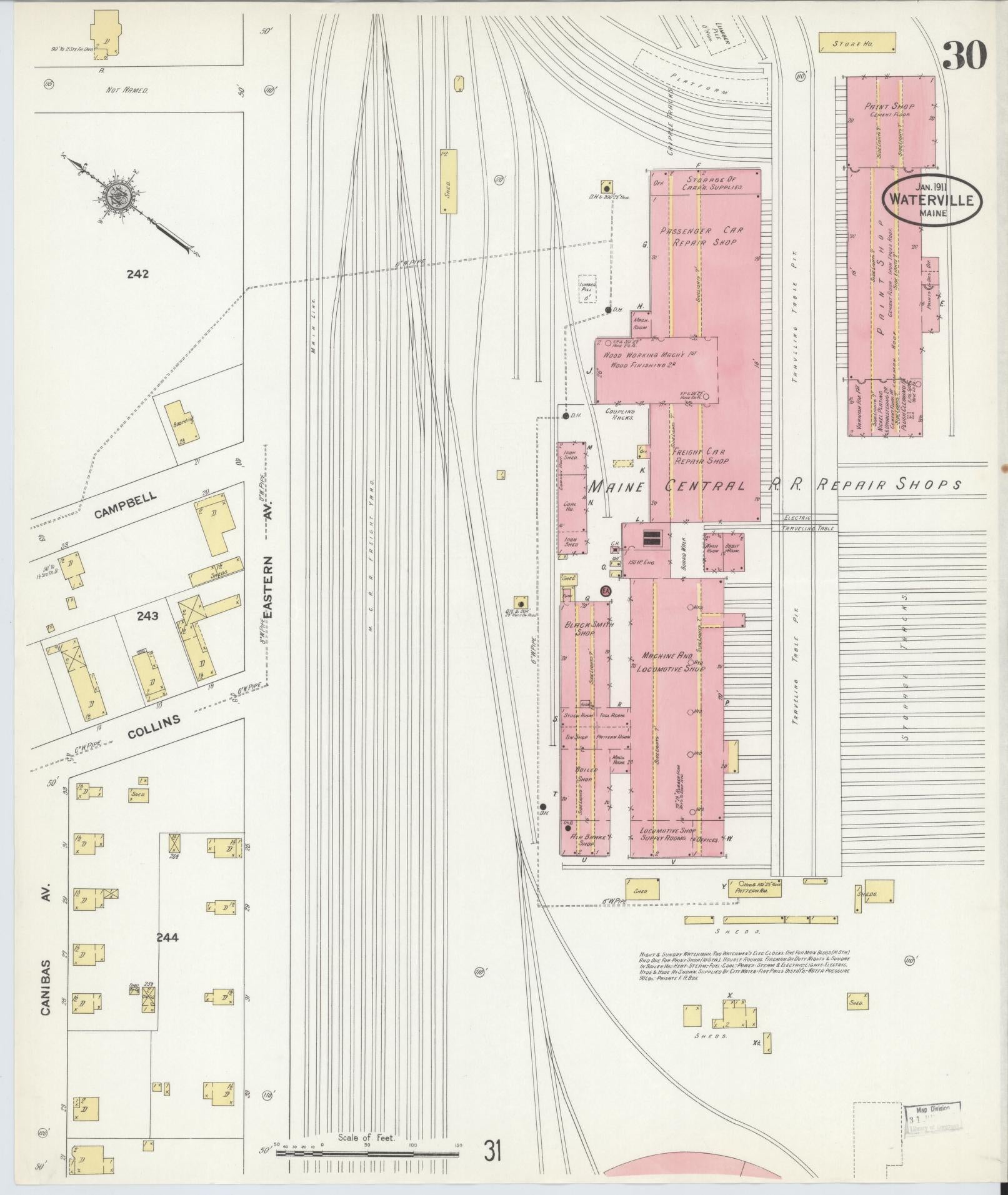 Sanborn Fire Insurance Map from Waterville, Kennebec County, Maine (1911), Sheet #0030 - Historic Sanborn Fire Insurance Map Print, vintage old map wall art, antique decor, genealogy gift, Maine Maine map