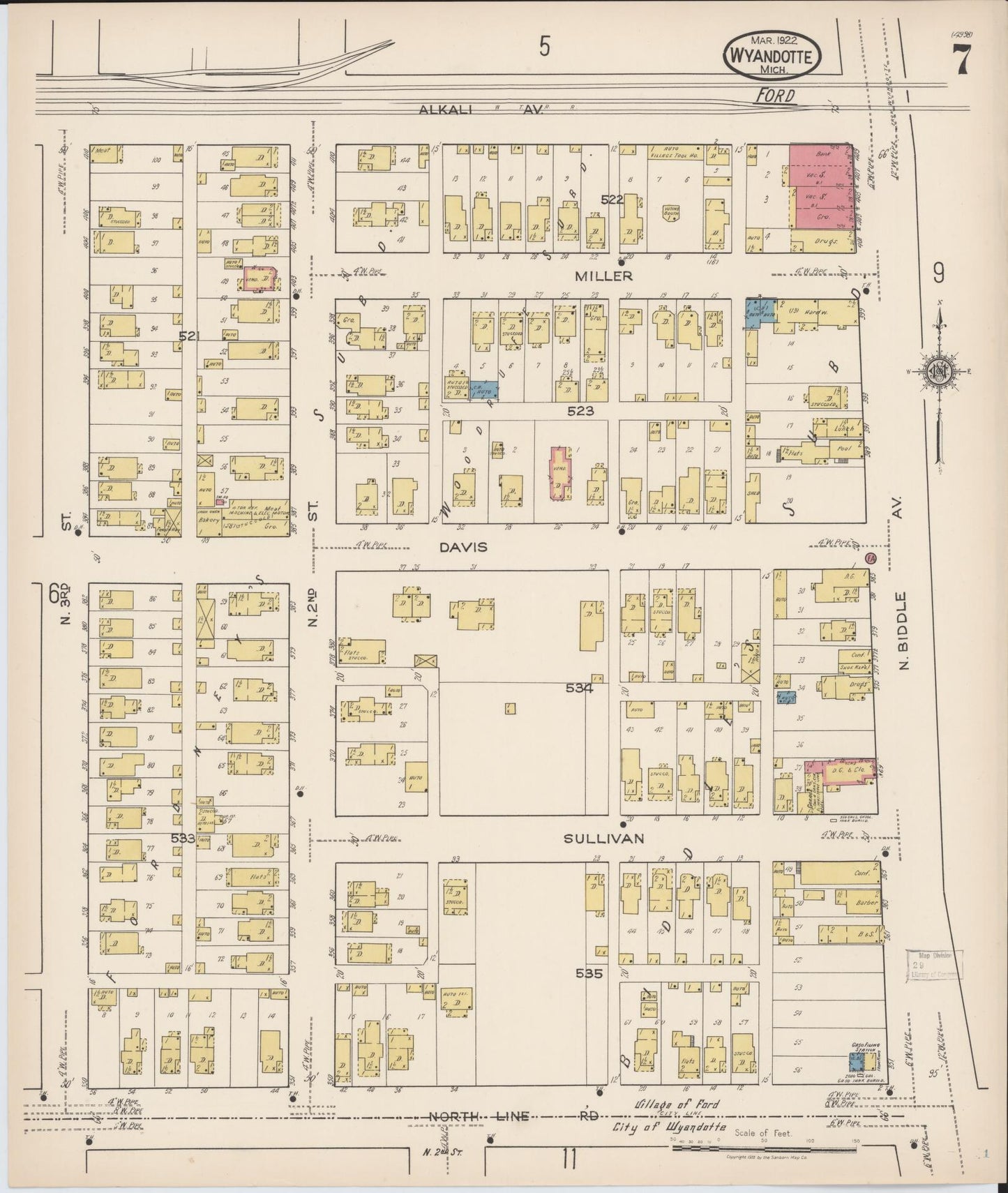 Sanborn Fire Insurance Map from Wyandotte, Wayne County, Michigan (1922), Sheet #0007 - Historic Sanborn Fire Insurance Map Print, vintage old map wall art, antique decor, genealogy gift, Michigan Michigan map