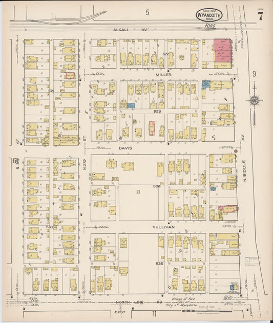 Sanborn Fire Insurance Map from Wyandotte, Wayne County, Michigan (1922), Sheet #0007 - Historic Sanborn Fire Insurance Map Print, vintage old map wall art, antique decor, genealogy gift, Michigan Michigan map