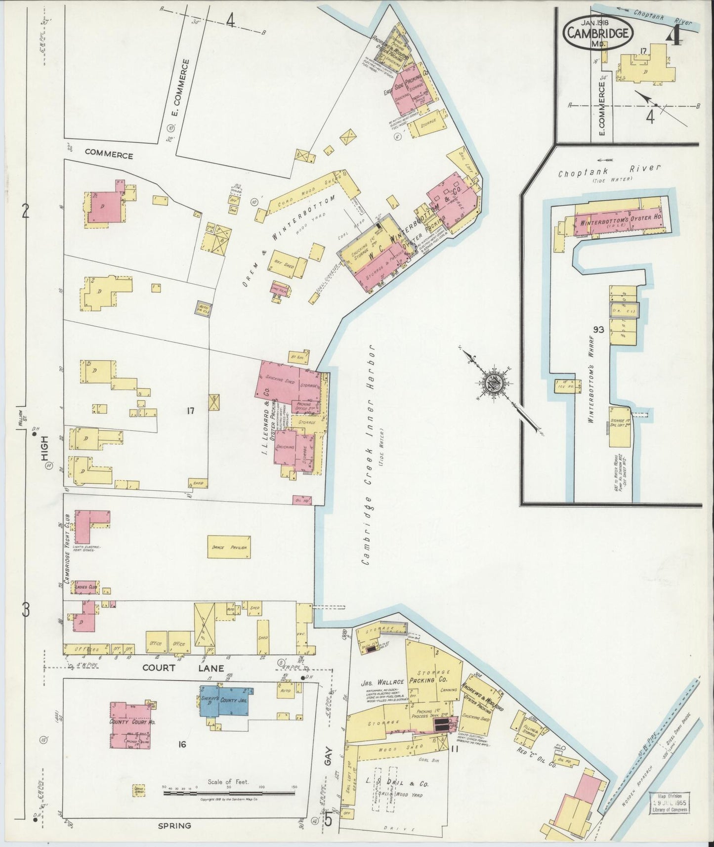 Sanborn Fire Insurance Map from Cambridge, Dorchester County, Maryland (1918), Sheet #0004 - Complete Map Set gallery image, historic Sanborn map, vintage wall art, Maryland Maryland