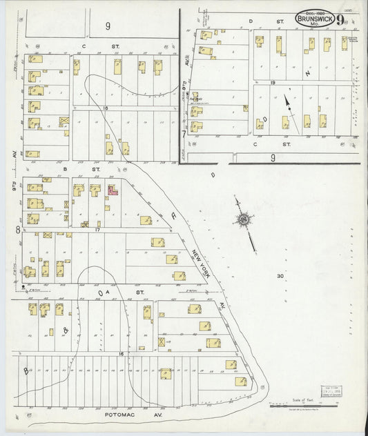 Sanborn Fire Insurance Map from Brunswick, Frederick County, Maryland (1920), Sheet #0009 - Historic Sanborn Fire Insurance Map Print, vintage old map wall art, antique decor, genealogy gift, Maryland Maryland map