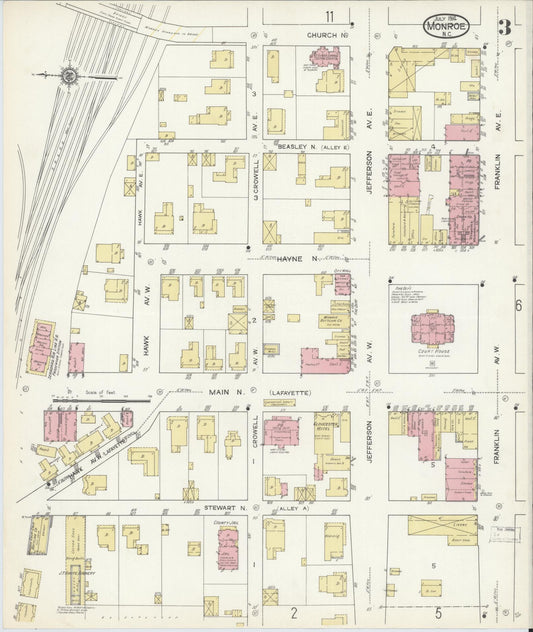 Sanborn Fire Insurance Map from Monroe, Union County, North Carolina (1914), Sheet #0003 - Historic Sanborn Fire Insurance Map Print, vintage old map wall art, antique decor, genealogy gift, North Carolina North Carolina map