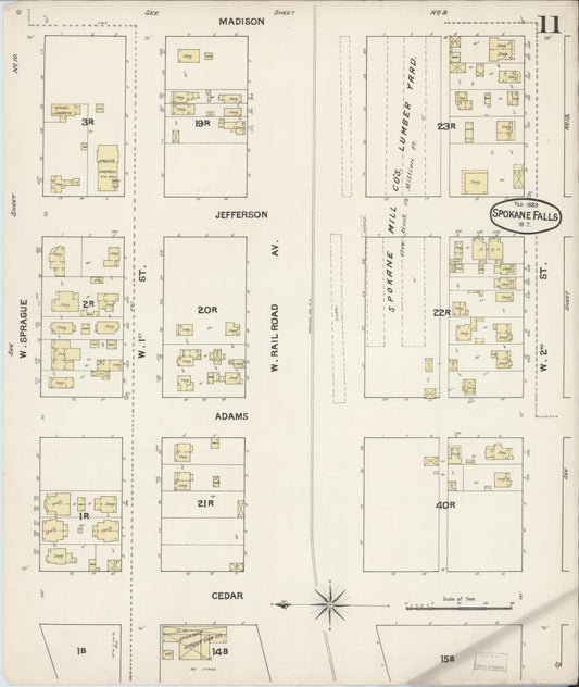 Sanborn Fire Insurance Map from Spokane, Spokane County, Washington (1889), Sheet #0011 - Historic Sanborn Fire Insurance Map Print, vintage old map wall art, antique decor, genealogy gift, Washington Washington map