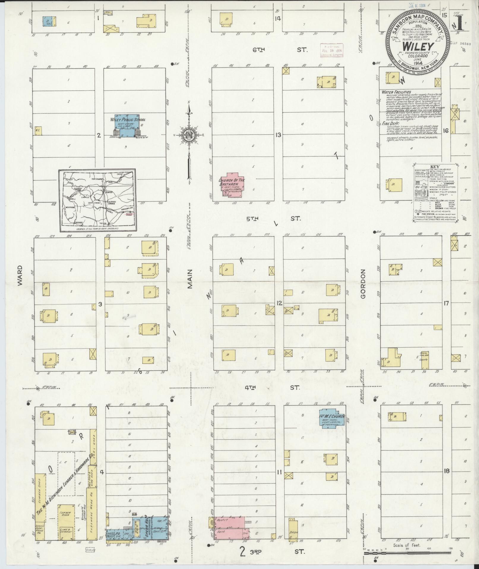 Sanborn Fire Insurance Map from Wiley, Prowers County, Colorado (1914), Sheet #0001 - Complete Map Set gallery image, historic Sanborn map, vintage wall art, Colorado Colorado