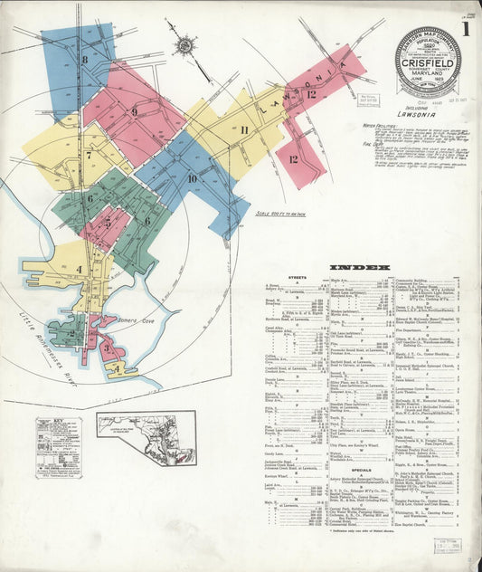 Sanborn Fire Insurance Map from Crisfield, Somerset County, Maryland (1923), Sheet #0001 - Historic Sanborn Fire Insurance Map Print, vintage old map wall art, antique decor, genealogy gift, Maryland Maryland map
