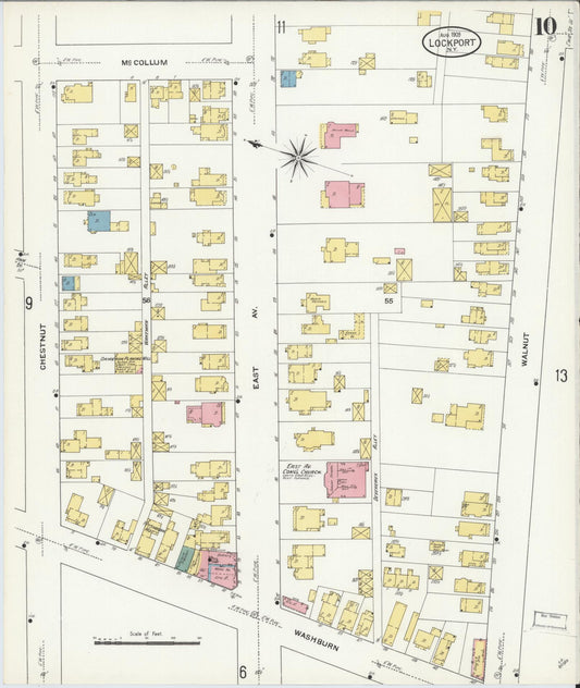 Sanborn Fire Insurance Map from Lockport, Niagara County, New York (1909), Sheet #0010 - Historic Sanborn Fire Insurance Map Print, vintage old map wall art, antique decor, genealogy gift, New York New York map