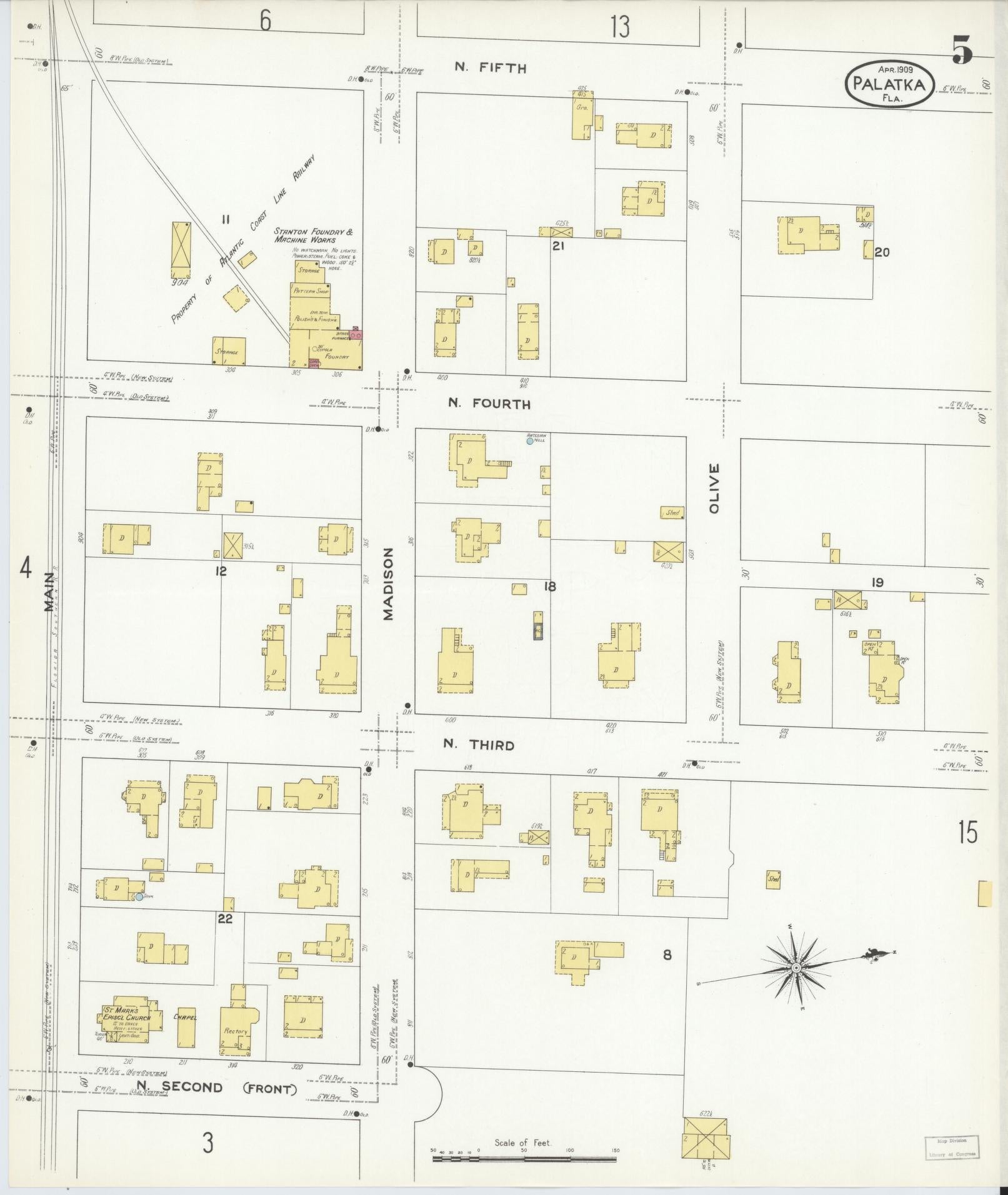 Sanborn Fire Insurance Map from Palatka, Putnam County, Florida (1909), Sheet #0005 - Historic Sanborn Fire Insurance Map Print, vintage old map wall art, antique decor, genealogy gift, Florida Florida map