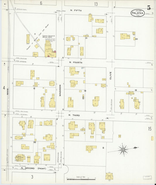 Sanborn Fire Insurance Map from Palatka, Putnam County, Florida (1909), Sheet #0005 - Historic Sanborn Fire Insurance Map Print, vintage old map wall art, antique decor, genealogy gift, Florida Florida map