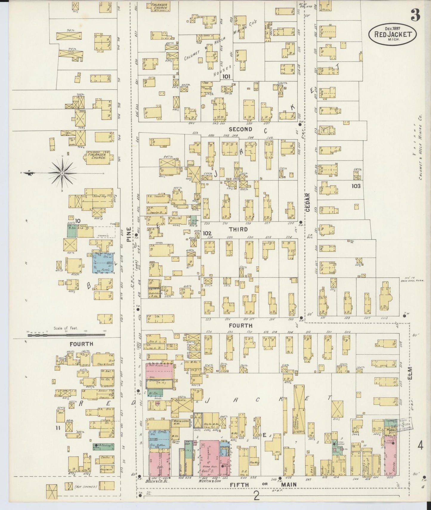 Sanborn Fire Insurance Map from Red Jacket, Houghton County, Michigan (1897), Sheet #0003 - Complete Map Set gallery image, historic Sanborn map, vintage wall art, Michigan Michigan