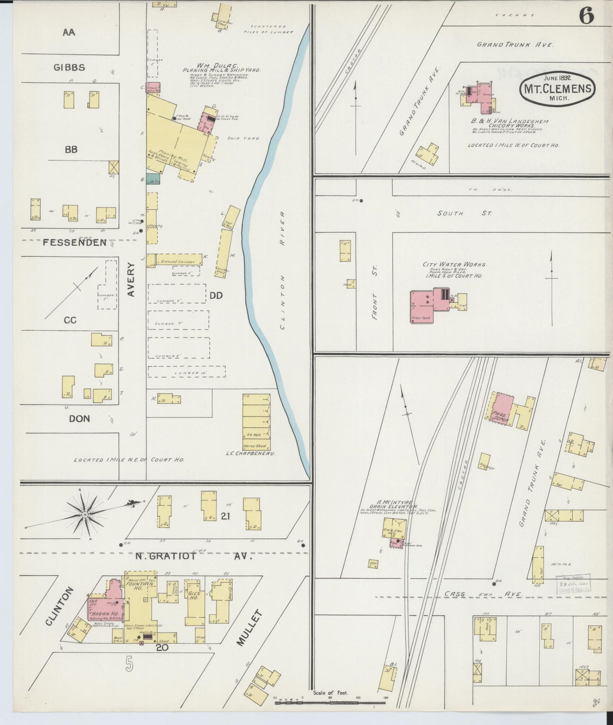 Sanborn Fire Insurance Map from Mount Clemens, Macomb County, Michigan (1892), Sheet #0006 - Historic Sanborn Fire Insurance Map Print, vintage old map wall art, antique decor, genealogy gift, Michigan Michigan map