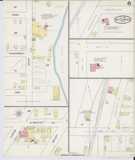 Sanborn Fire Insurance Map from Mount Clemens, Macomb County, Michigan (1892), Sheet #0006 - Historic Sanborn Fire Insurance Map Print, vintage old map wall art, antique decor, genealogy gift, Michigan Michigan map