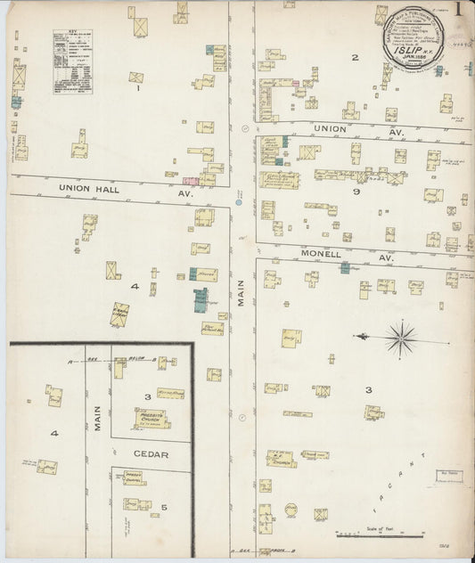 Sanborn Fire Insurance Map from Islip, Sufflok County, New York (1886), Sheet #0001 - Historic Sanborn Fire Insurance Map Print, vintage old map wall art, antique decor, genealogy gift, New York New York map