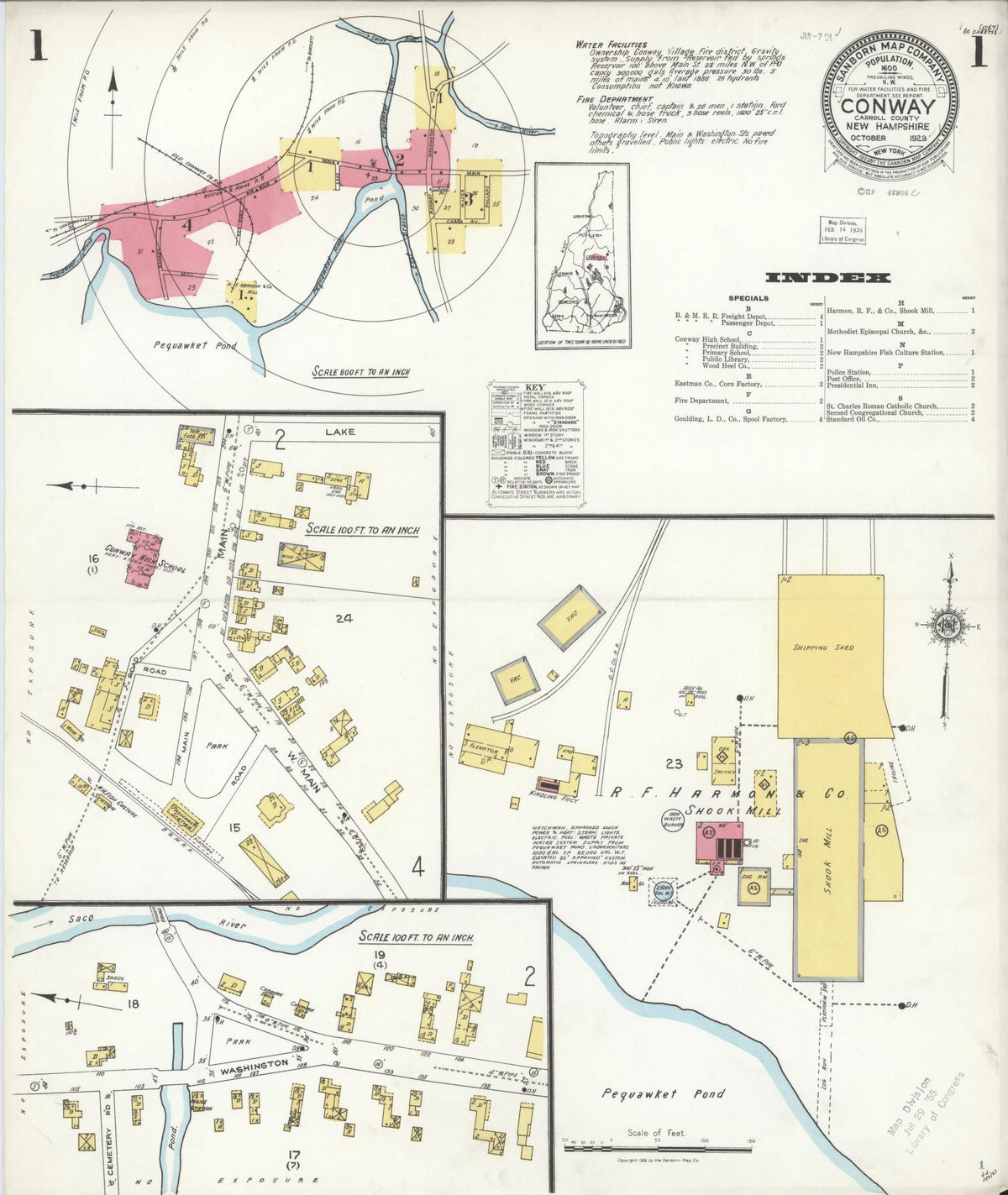 Sanborn Fire Insurance Map from Conway, Carroll County, New Hampshire (1923), Sheet #0001 - Complete Map Set gallery image, historic Sanborn map, vintage wall art, New Hampshire New Hampshire