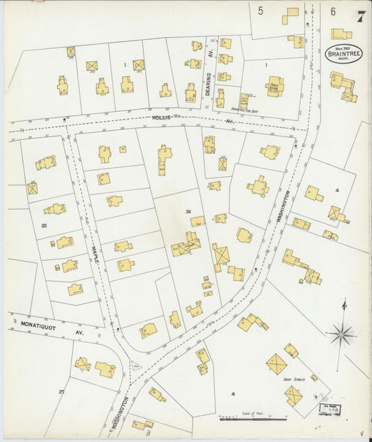 Sanborn Fire Insurance Map from Braintree, Norfolk County, Massachusetts (1901), Sheet #0007 - Historic Sanborn Fire Insurance Map Print, vintage old map wall art, antique decor, genealogy gift, Massachusetts Massachusetts map