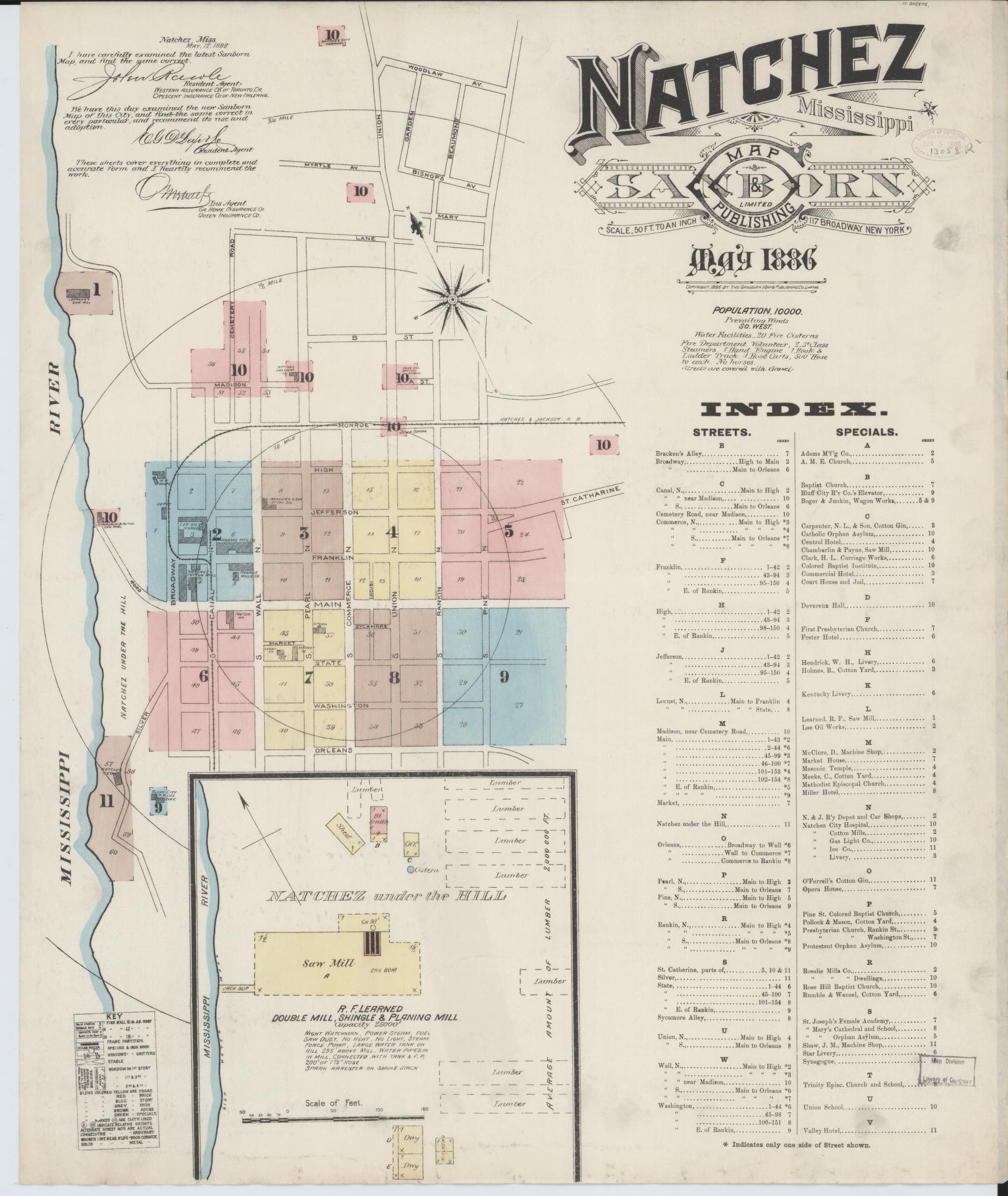 Sanborn Fire Insurance Map from Natchez, Adams County, Mississippi (1886), Sheet #0001 - Complete Map Set gallery image, historic Sanborn map, vintage wall art, Mississippi Mississippi