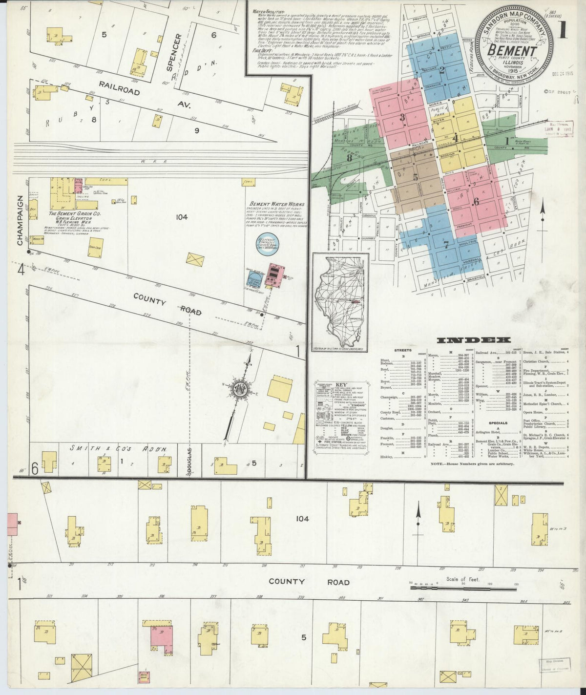 Sanborn Fire Insurance Map from Bement, Piatt County, Illinois (1915), Sheet #0001 - Complete Map Set gallery image, historic Sanborn map, vintage wall art, Illinois Illinois