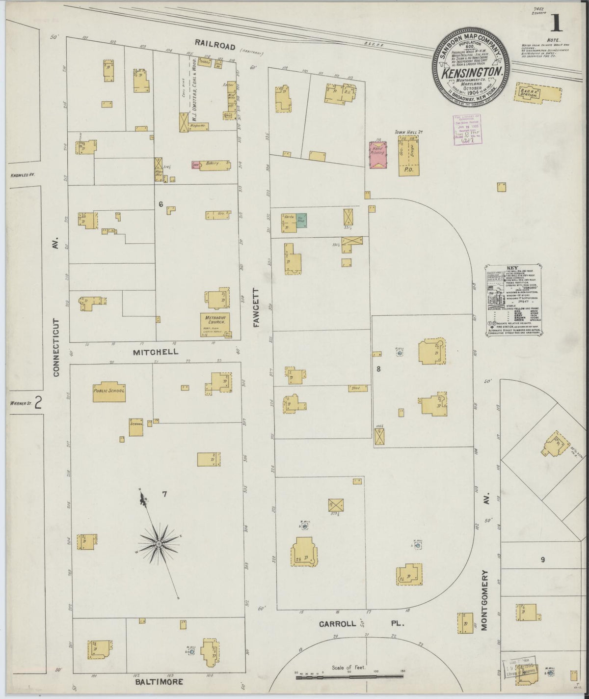 Sanborn Fire Insurance Map from Kensington, Montgomery County, Maryland (1904), Sheet #0001 - Historic Sanborn Fire Insurance Map Print, vintage old map wall art, antique decor, genealogy gift, Maryland Maryland map
