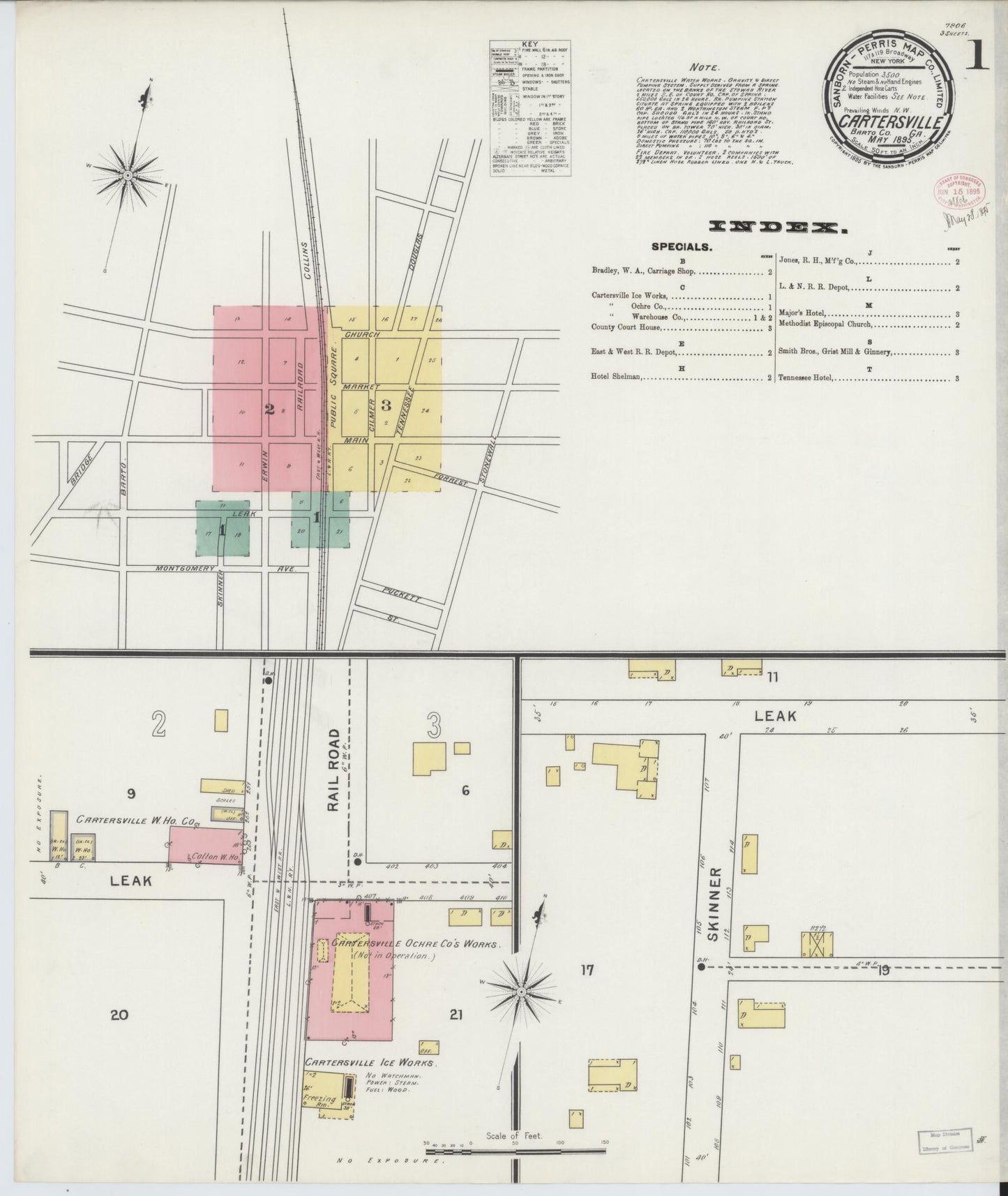 Sanborn Fire Insurance Map from Cartersville, Bartow County, Georgia (1895), Sheet #0001 - Historic Sanborn Fire Insurance Map Print, vintage old map wall art, antique decor, genealogy gift, Georgia Georgia map
