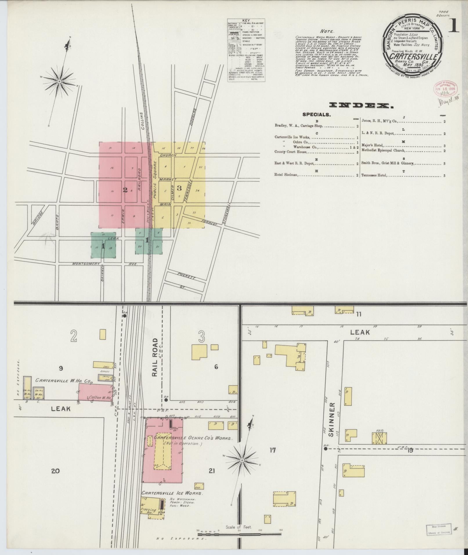 Sanborn Fire Insurance Map from Cartersville, Bartow County, Georgia (1895), Sheet #0001 - Historic Sanborn Fire Insurance Map Print, vintage old map wall art, antique decor, genealogy gift, Georgia Georgia map