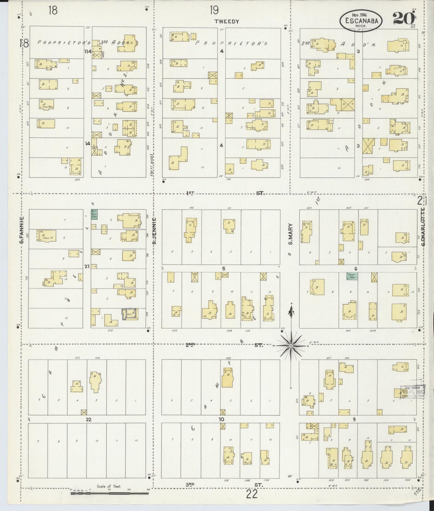 Sanborn Fire Insurance Map from Escanaba, Delta County, Michigan (1906), Sheet #0020 - Complete Map Set gallery image, historic Sanborn map, vintage wall art, Michigan Michigan