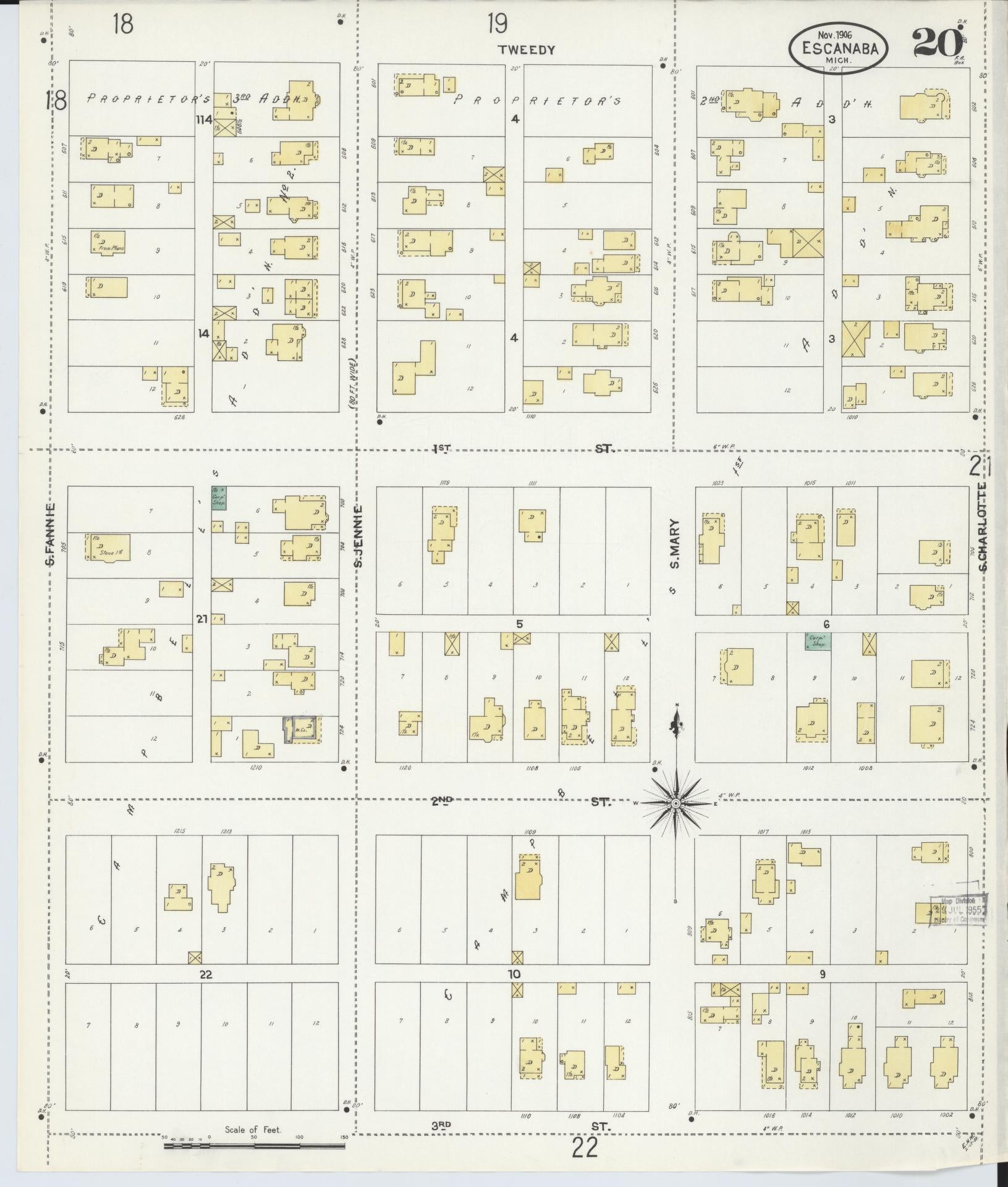 Sanborn Fire Insurance Map from Escanaba, Delta County, Michigan (1906), Sheet #0020 - Complete Map Set gallery image, historic Sanborn map, vintage wall art, Michigan Michigan