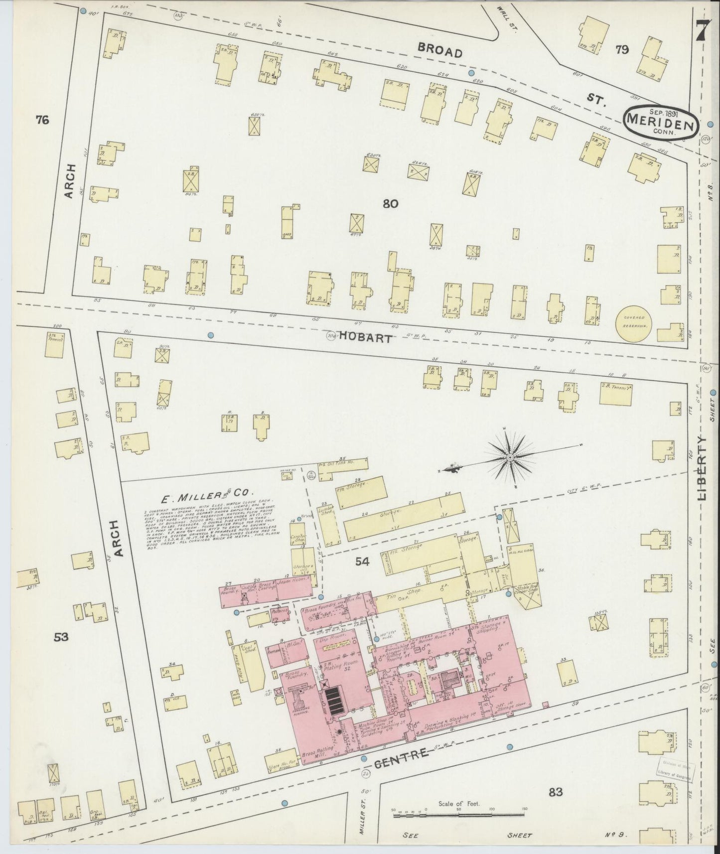 Sanborn Fire Insurance Map from Meriden, New Haven County, Connecticut (1891), Sheet #0007 - Complete Map Set gallery image, historic Sanborn map, vintage wall art, Connecticut Connecticut