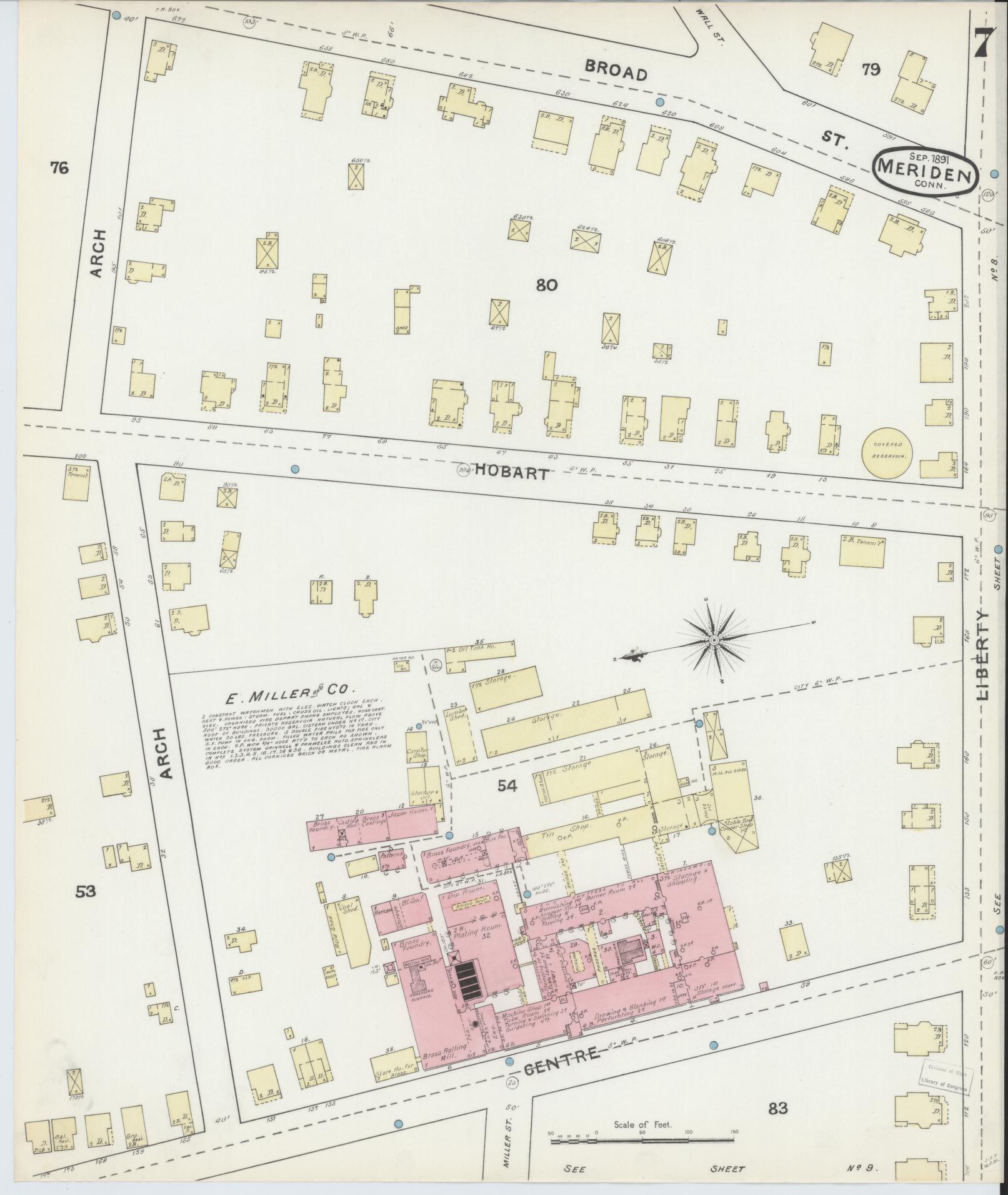 Sanborn Fire Insurance Map from Meriden, New Haven County, Connecticut (1891), Sheet #0007 - Complete Map Set gallery image, historic Sanborn map, vintage wall art, Connecticut Connecticut