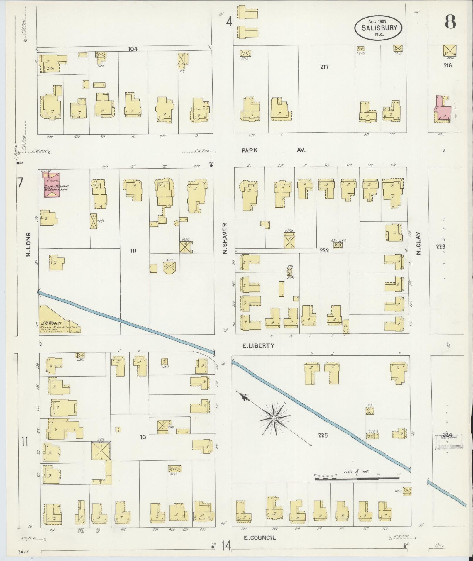 Sanborn Fire Insurance Map from Salisbury, Rowan County, North Carolina (1907), Sheet #0008 - Complete Map Set gallery image, historic Sanborn map, vintage wall art, North Carolina North Carolina
