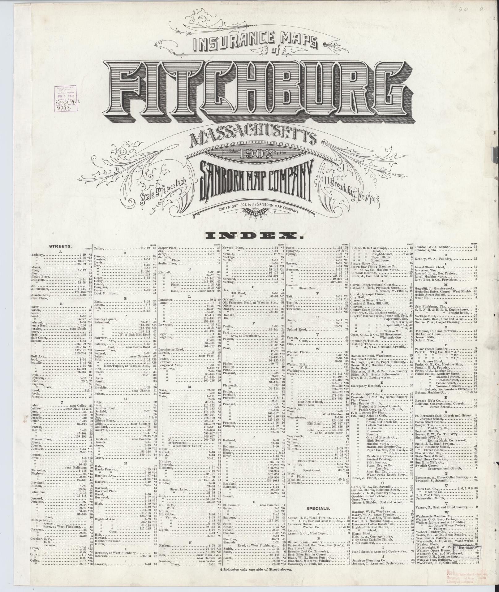 Sanborn Fire Insurance Map from Fitchburg, Worcester County, Massachusetts (1902), Sheet #0001 - Historic Sanborn Fire Insurance Map Print, vintage old map wall art, antique decor, genealogy gift, Massachusetts Massachusetts map