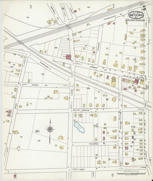 Sanborn Fire Insurance Map from Metuchen, Middlesex County, New Jersey (1920), Sheet #0005 - Historic Sanborn Fire Insurance Map Print, vintage old map wall art, antique decor, genealogy gift, New Jersey New Jersey map