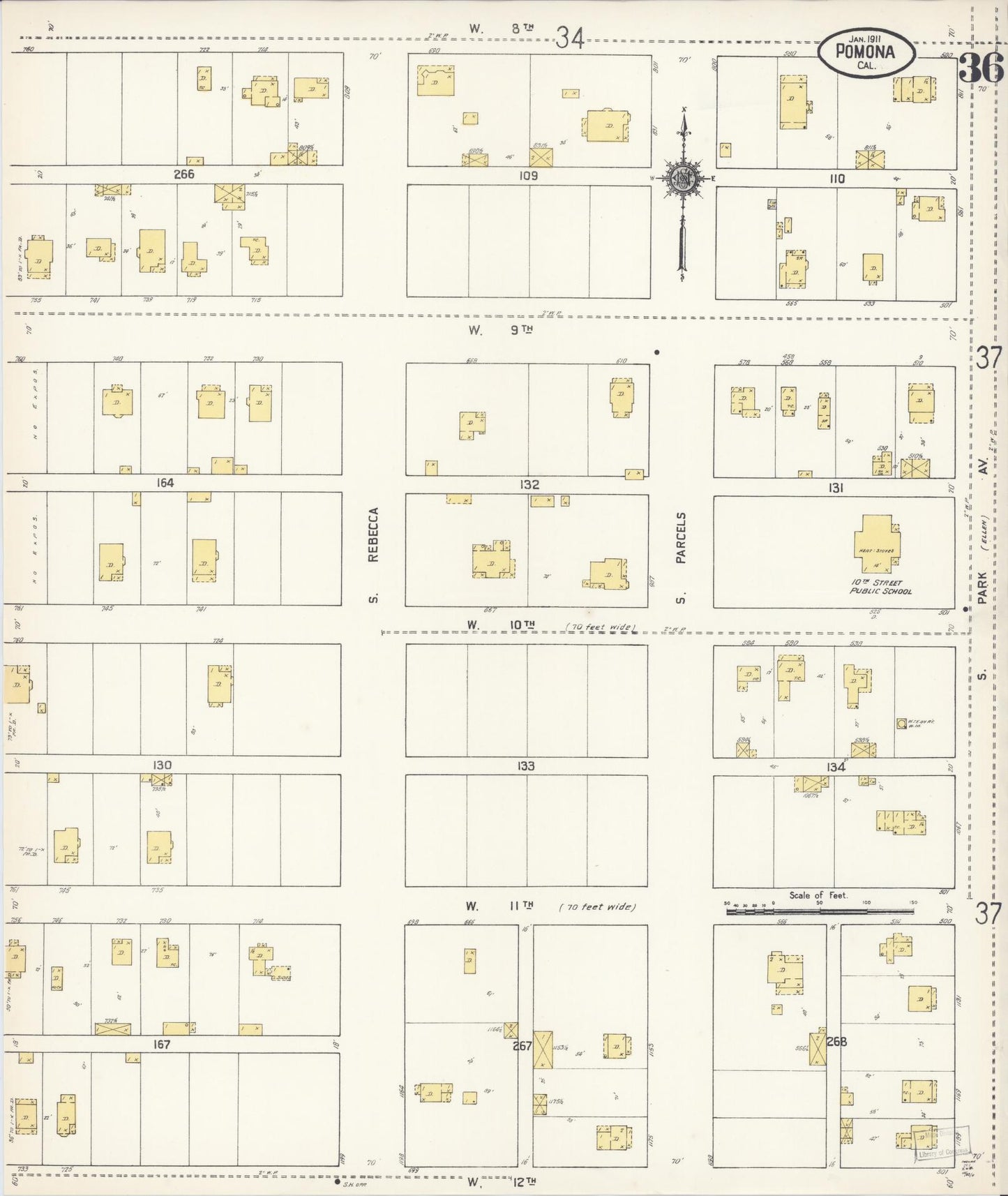 Sanborn Fire Insurance Map from Pomona, Los Angeles County, California (1911), Sheet #0036 - Complete Map Set gallery image, historic Sanborn map, vintage wall art, California California