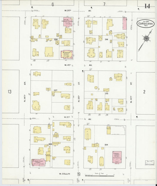 Sanborn Fire Insurance Map from Corsicana, Navarro County, Texas (1910), Sheet #0014 - Historic Sanborn Fire Insurance Map Print, vintage old map wall art, antique decor, genealogy gift, Texas Texas map