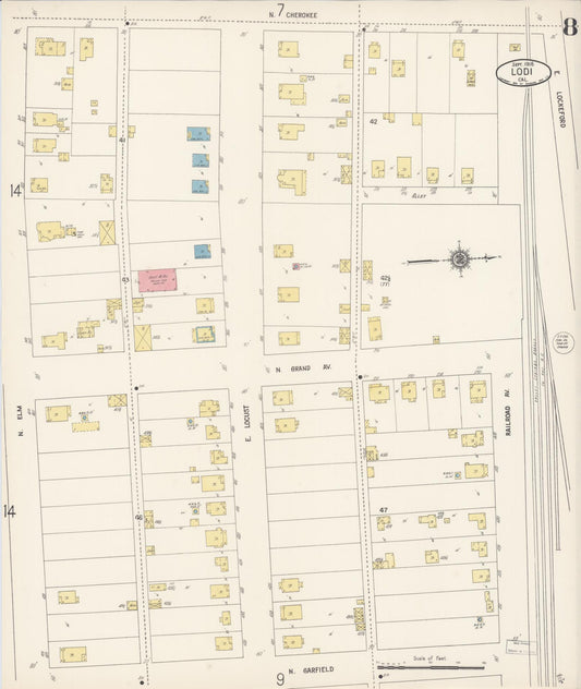 Sanborn Fire Insurance Map from Lodi, San Joaquin County, California (1916), Sheet #0008 - Historic Sanborn Fire Insurance Map Print, vintage old map wall art, antique decor, genealogy gift, California California map