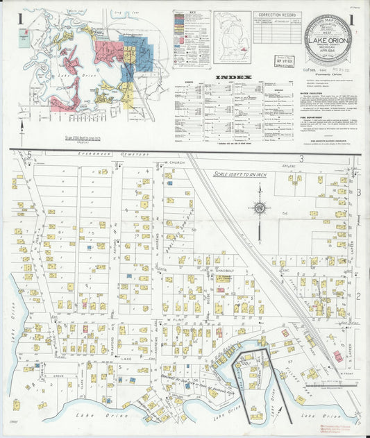 Sanborn Fire Insurance Map from Lake Orion, Oakland County, Michigan (1934), Sheet #0001 - Historic Sanborn Fire Insurance Map Print, vintage old map wall art, antique decor, genealogy gift, Michigan Michigan map