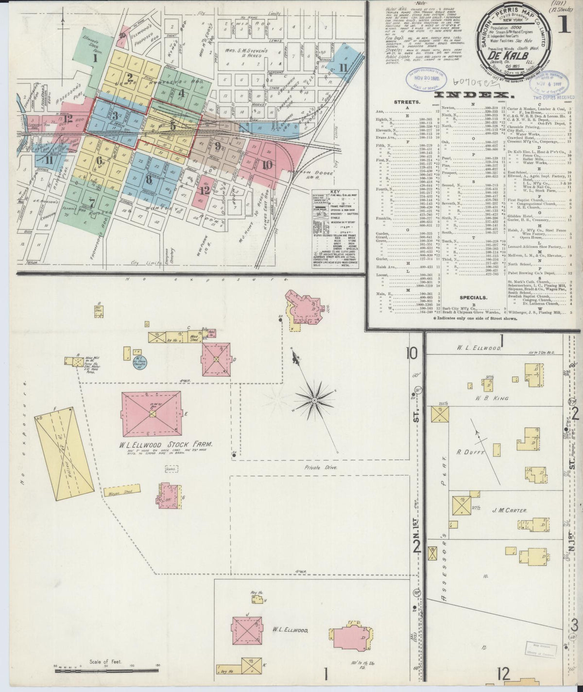 Sanborn Fire Insurance Map from De Kalb, De Kalb County, Illinois (1897), Sheet #0001 - Complete Map Set gallery image, historic Sanborn map, vintage wall art, Illinois Illinois