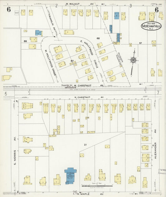 Sanborn Fire Insurance Map from Merchantville, Camden County, New Jersey (1925), Sheet #0006 - Historic Sanborn Fire Insurance Map Print, vintage old map wall art, antique decor, genealogy gift, New Jersey New Jersey map