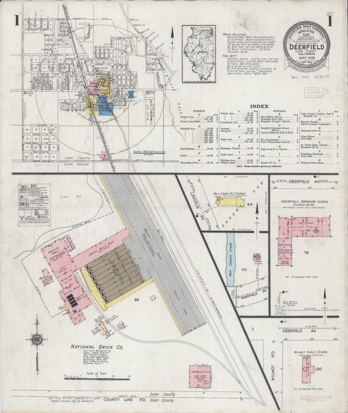 Sanborn Fire Insurance Map from Deerfield, Lake County, Illinois (1929), Sheet #0001 - Historic Sanborn Fire Insurance Map Print, vintage old map wall art, antique decor, genealogy gift, Illinois Illinois map