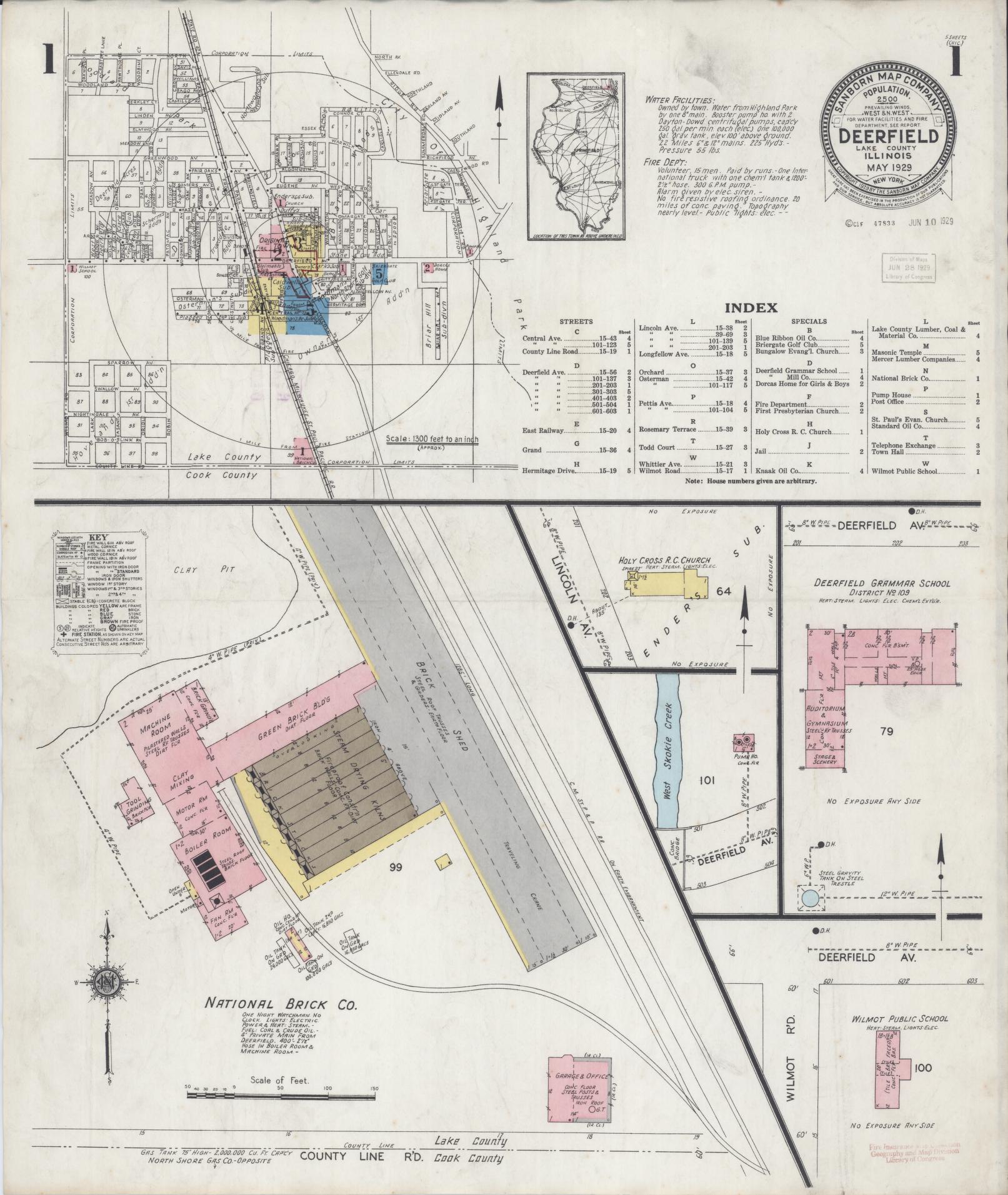Sanborn Fire Insurance Map from Deerfield, Lake County, Illinois (1929), Sheet #0001 - Historic Sanborn Fire Insurance Map Print, vintage old map wall art, antique decor, genealogy gift, Illinois Illinois map