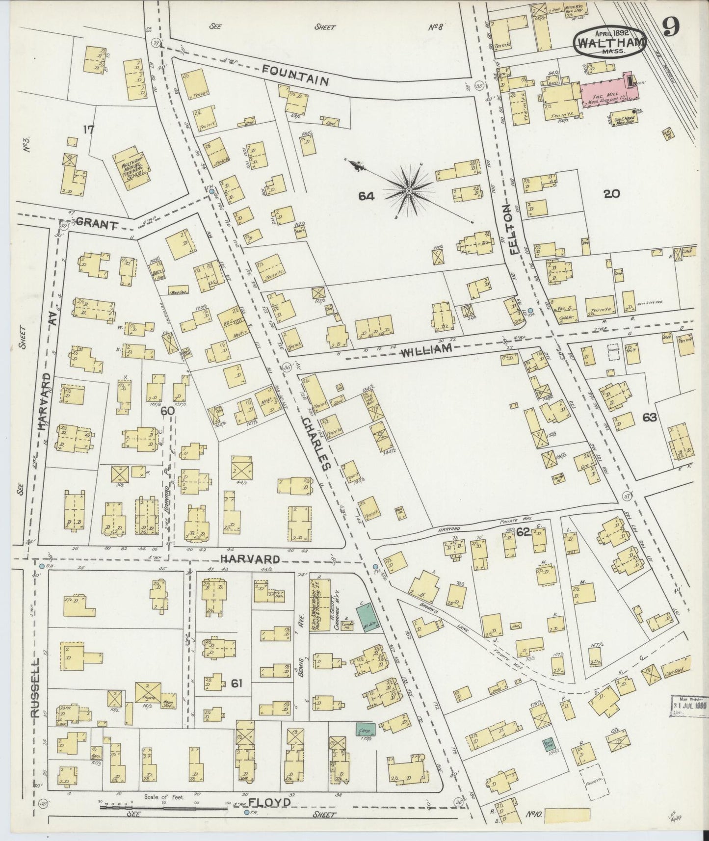 Sanborn Fire Insurance Map from Waltham, Middlesex County, Massachusetts (1892), Sheet #0009 - Historic Sanborn Fire Insurance Map Print, vintage old map wall art, antique decor, genealogy gift, Massachusetts Massachusetts map